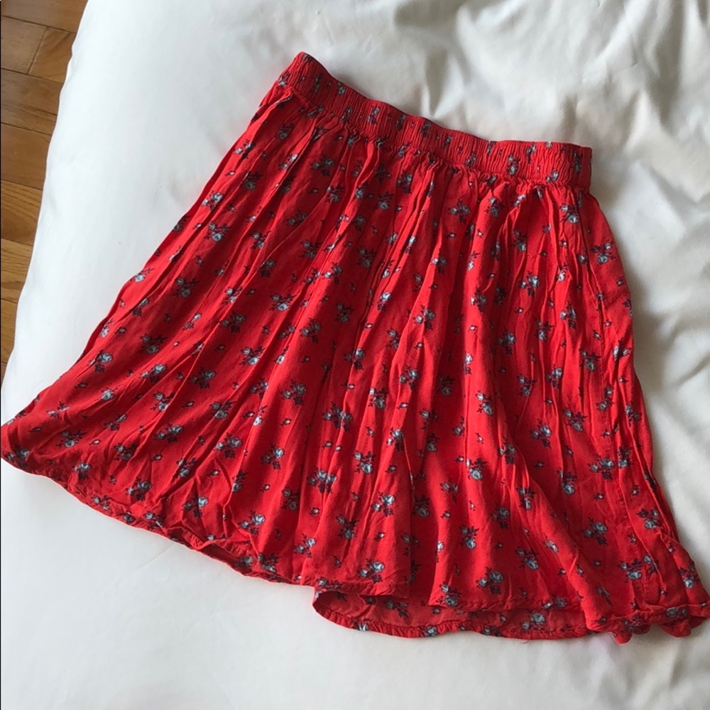 red floral skirt